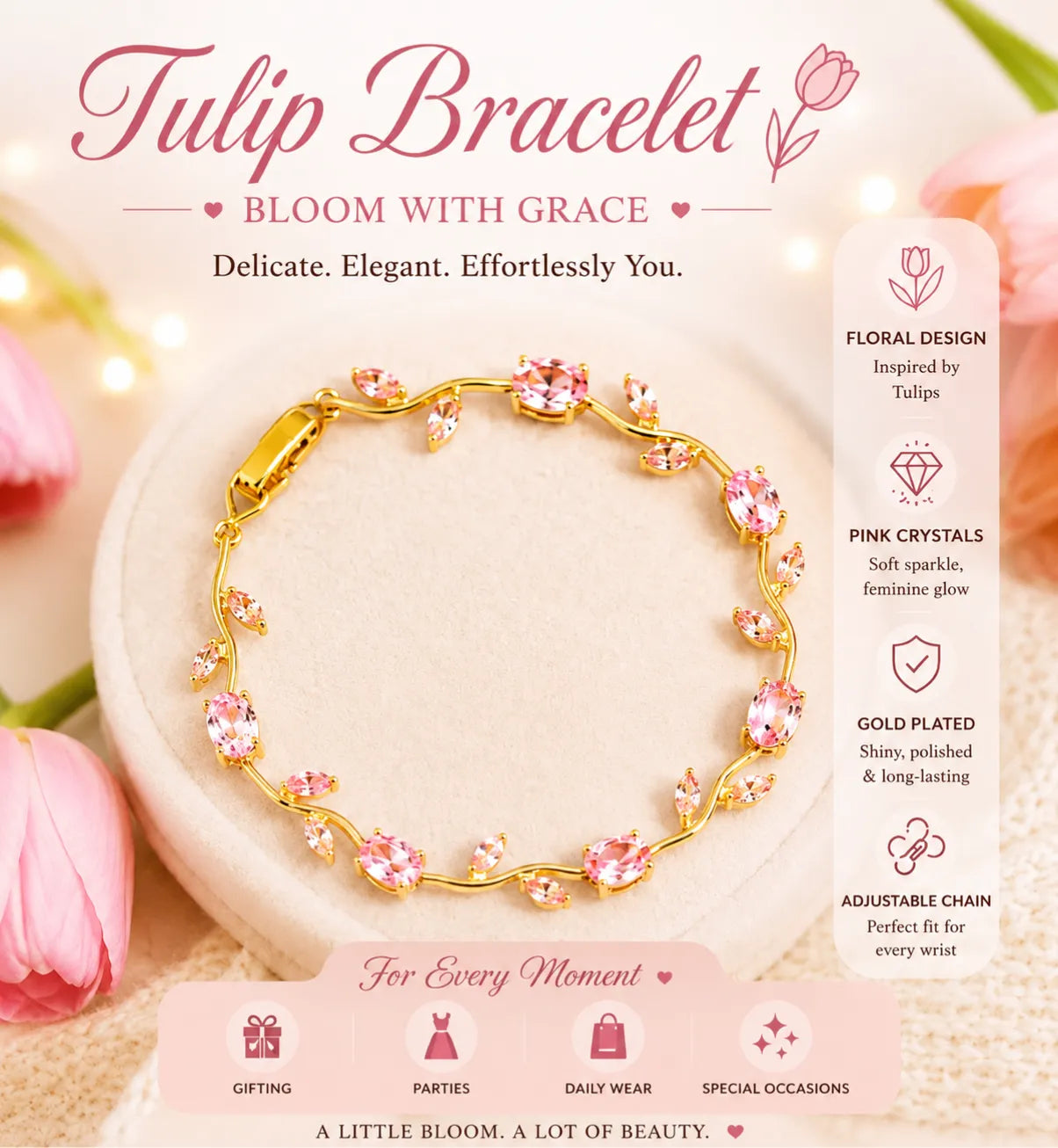 Tulip Charm Bracelet Set (Pack of 2) β Dainty Korean-Style Floral Jewelry, Perfect Gift for Her